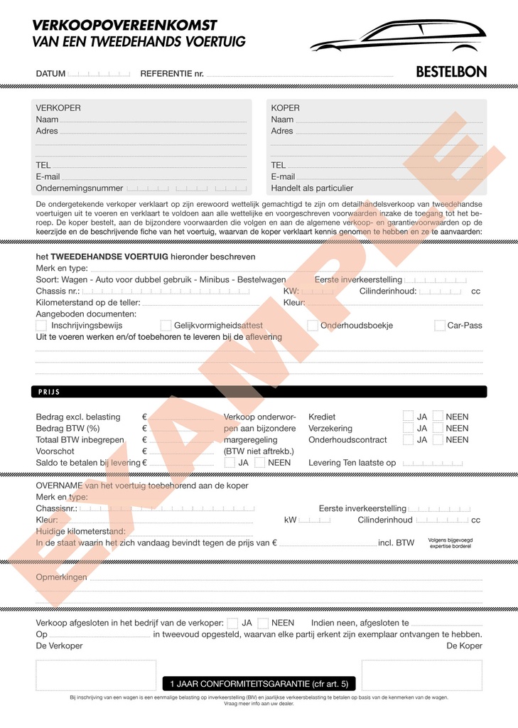 Nederlandstalige verkoopsovereenkomst voertuig (België) x50